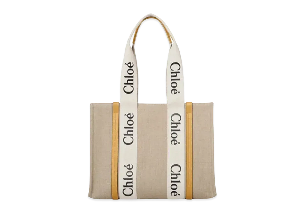 Chloe Medium Woody Tote Bag Linen Canvas&Shiny Calfskin With Chloe Logo "Honey Gold"