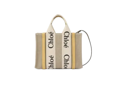 Chloe Small Woody Tote Bag Linen Canvas&Shiny Calfskin With Chloe Logo "Honey Gold"