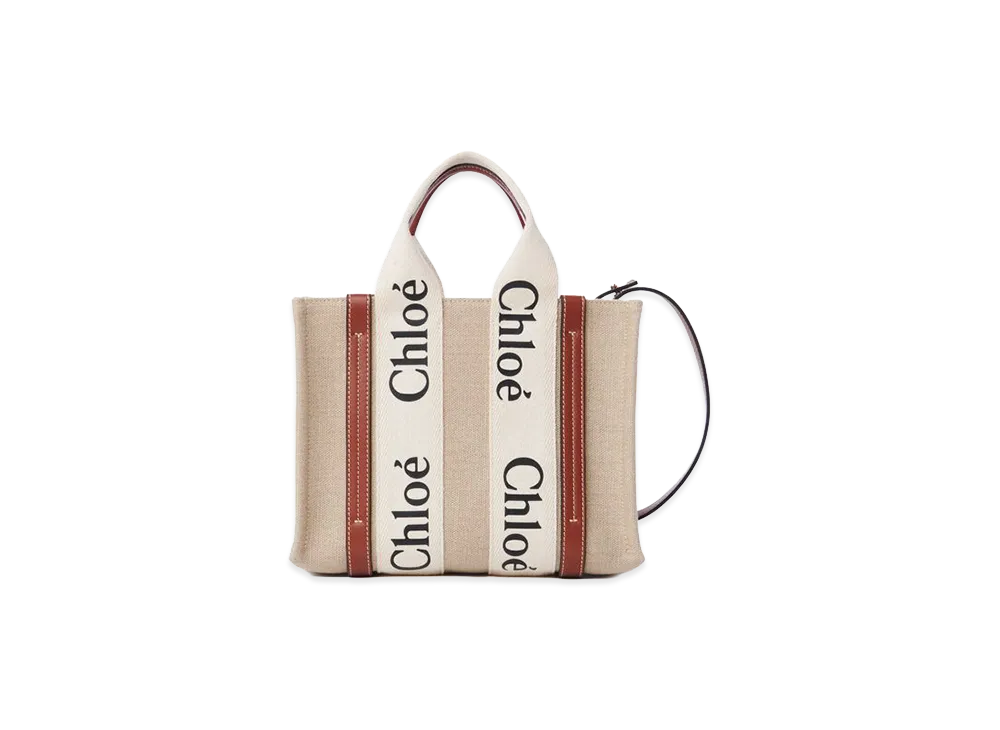 クロエ リネン製 Woody スモールトートバッグ "ホワイト/ブラウン" CHC22AS397I2690U