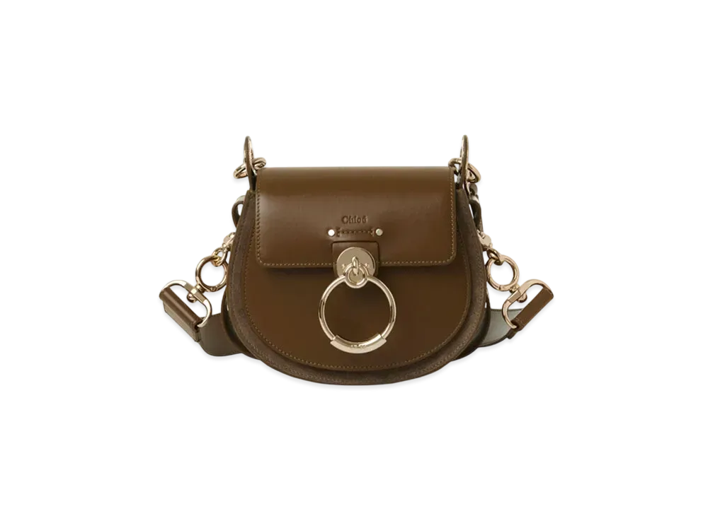 Chloe Small Tess Bag In Shiny And Suede Leather "Dark Khaki"