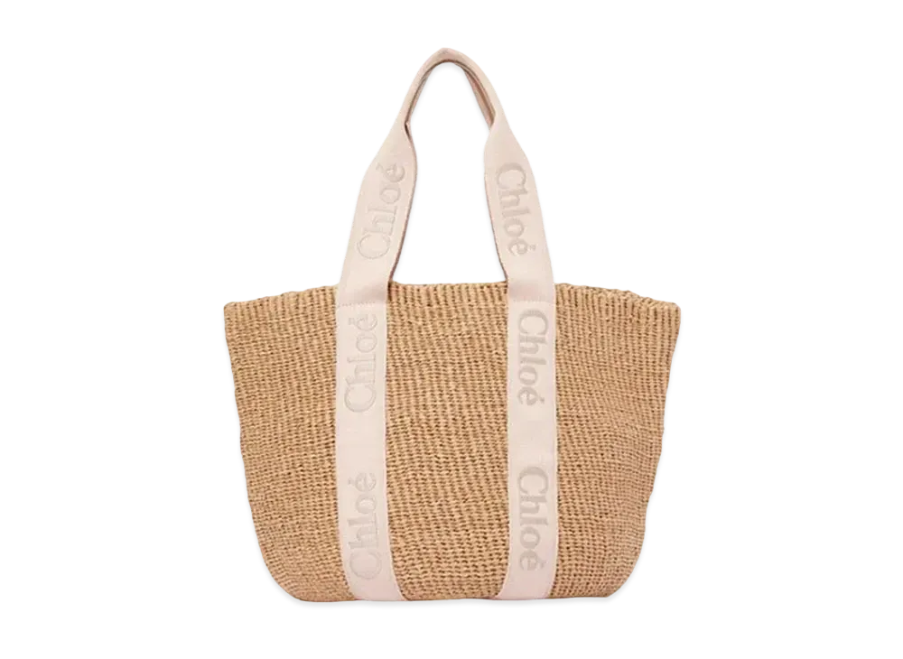 Chloe Large Woody Basket Fair-Trade Paper Calfskin&Webbing With Chloe Logo "Blushy Beige"