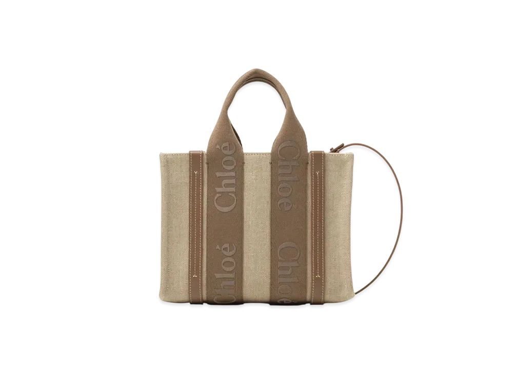 Chloe Small Woody Tote Bag In Linen "Dark Nut"