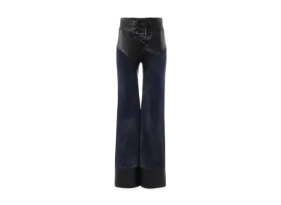 Chloe Lace-Up Flared Patchwork Pants In Leather "Evening Blue"
