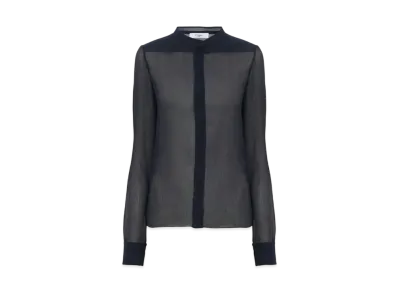 Chloe Slim-Fit Collarless Blouse In Silk Crepon "Graphite Blue"