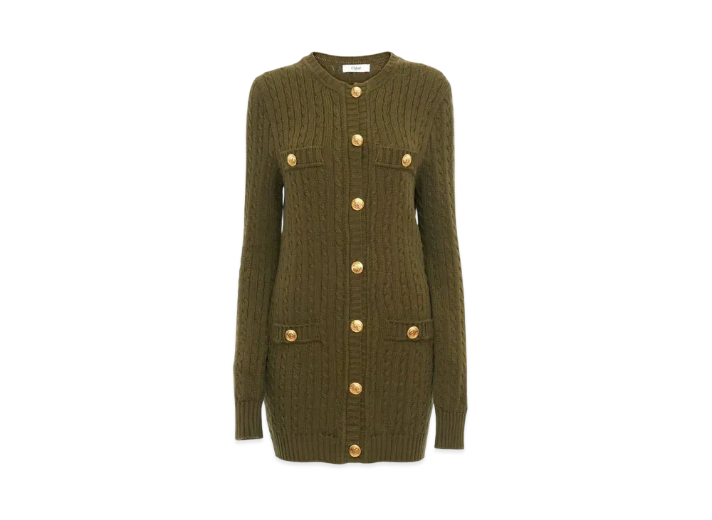 Chloe Utilitarian Cable-Knit Cardigan In Cotton "Olive Tree"