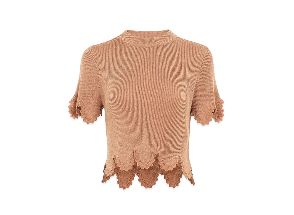 Chloe Cropped Scallop Top In Viscose-Blend Knit "Lovely Beige"