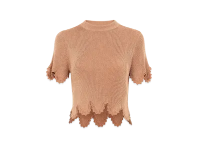 Chloe Cropped Scallop Top In Viscose-Blend Knit "Lovely Beige"
