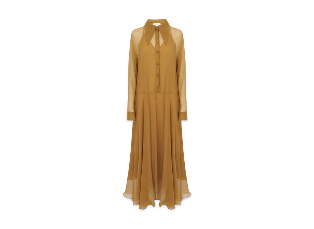 Chloe Fluid Long Shirt Dress In Silk Mousseline "Foamy Green"
