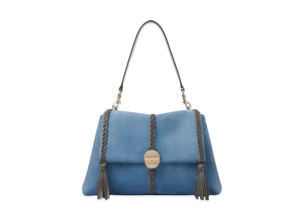 Chloe Penelope Medium Soft Shoulder Bag Suede Calfskin With Leather Braids "Heaven Blue"