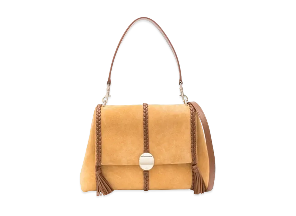Chloe Penelope Medium Soft Shoulder Bag Suede Calfskin With Leather Braids "Safari Gold"