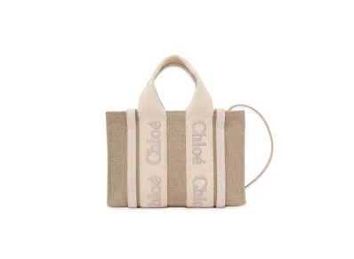 Chloe Mini Woody tote bag in linen and leather "Wild Grey"