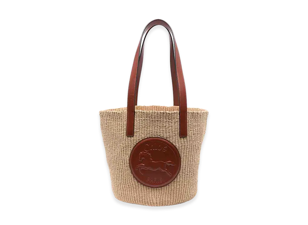 Chloe Women's Raffia Large Horse Medal Bucket Bag "Beige"