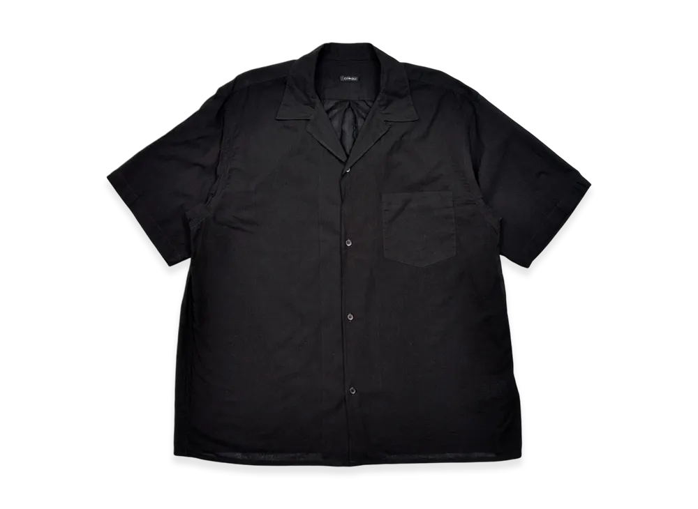 COMOLI Khadi Cotton Short Sleeve Open Collar Shirt "Black"