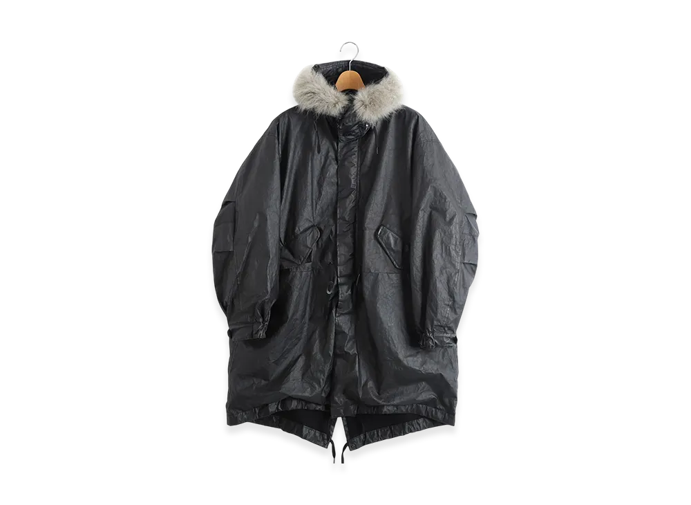 COMOLI Paper Leather Military Hooded Coat "Black"