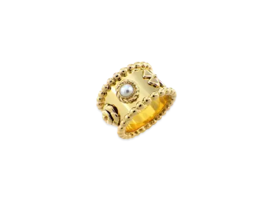 CHANEL Three Symbol Wide Ring 6 Motif Camelia Clover "Yellow Gold"