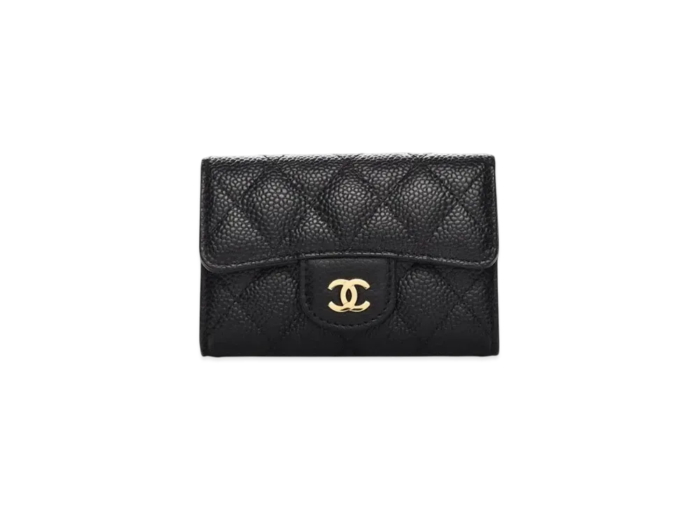 CHANEL Matelasse Caviar Skin Quilted Card Case "Black/Gold"