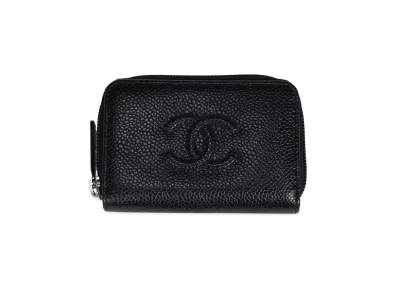 CHANEL Coco Mark Caviar Skin Round Zipper Coin Case "Black"
