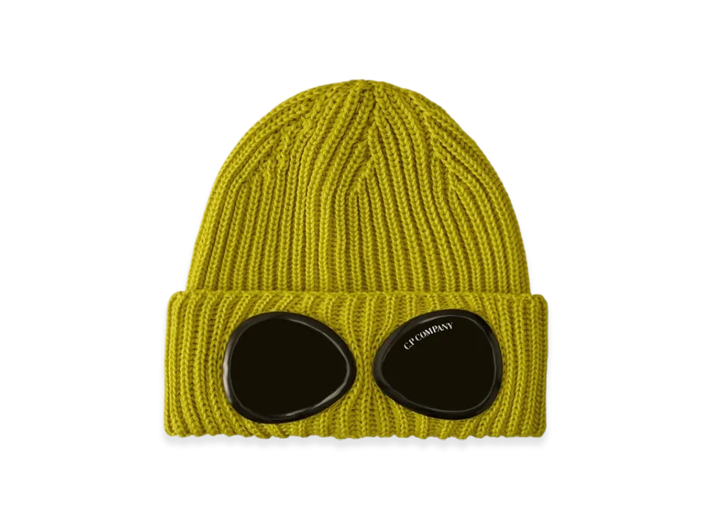 C.P. Company Extrafine Merino Wool Goggle Beanie "Green Sheen Yellow"