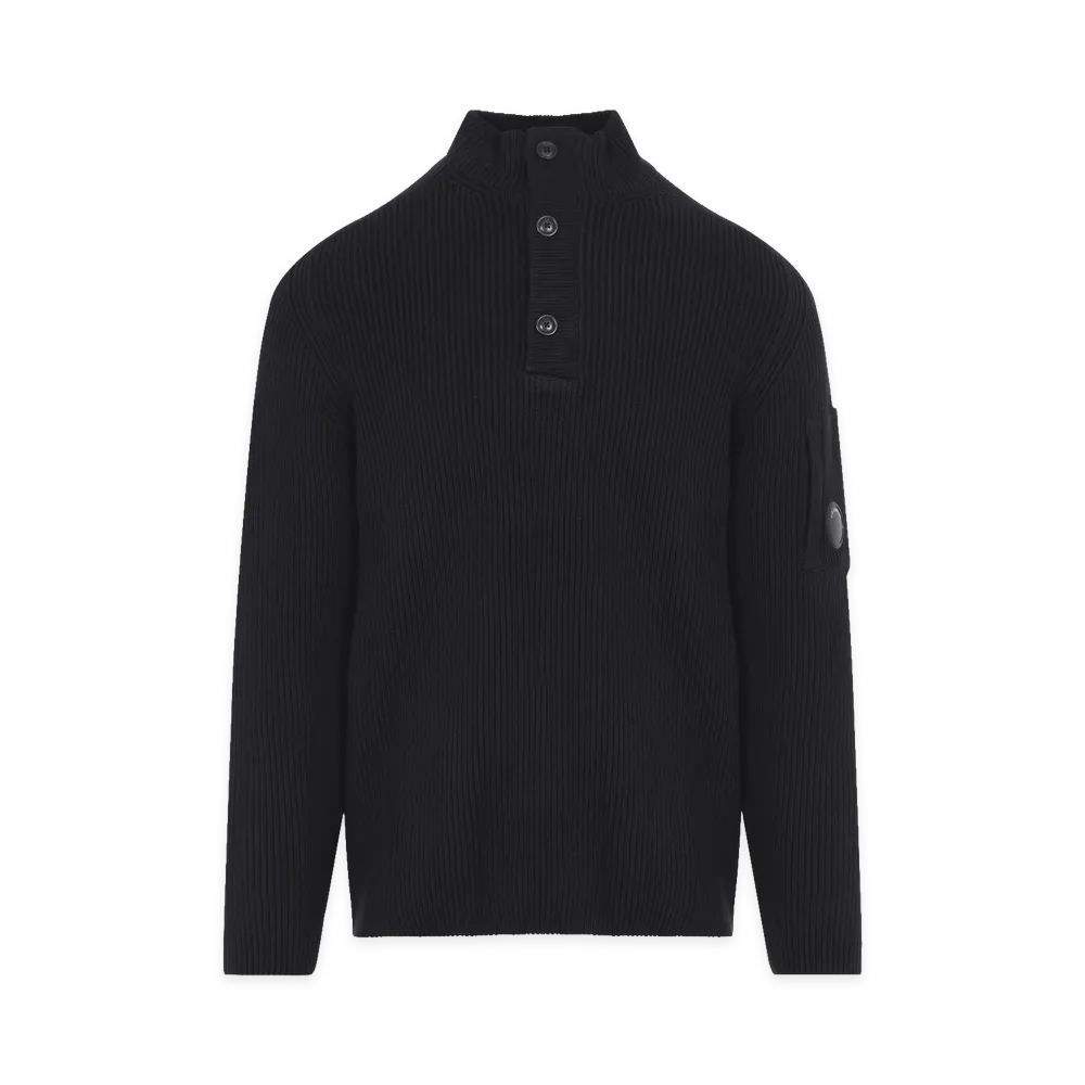 C.P. Company Full Rib Half Button Crewneck "Black"
