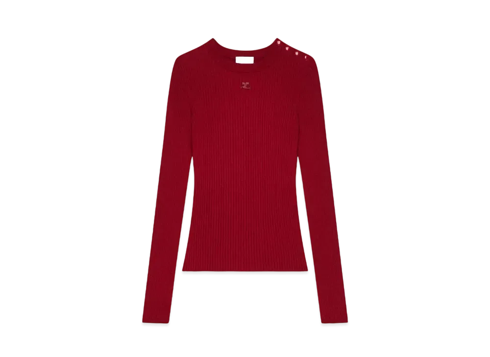 Courreges Shoulder Snaps Rib Knit Sweater "Grenat"