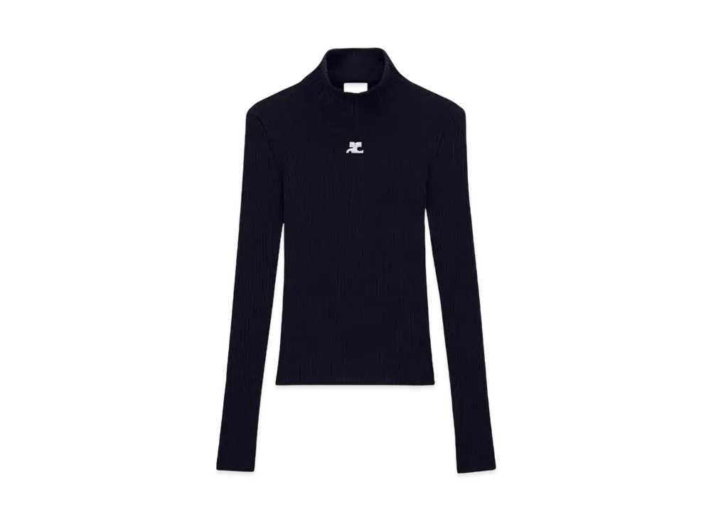 Courreges Reedition Rib Knit Mockneck Sweater "Navy"