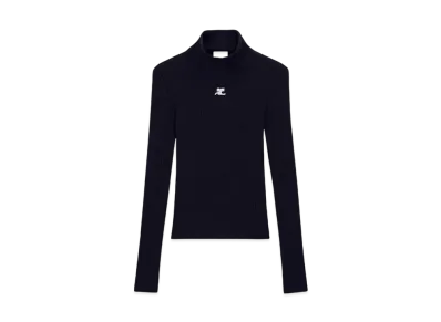 Courreges Reedition Rib Knit Mockneck Sweater "Navy"