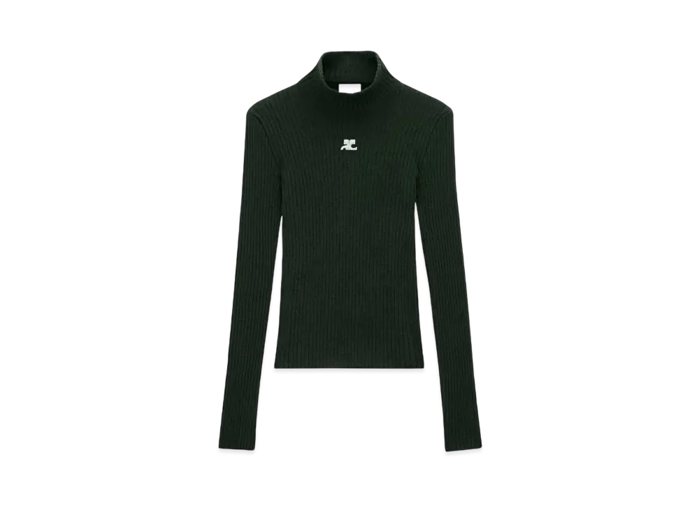 Courreges Reedition Rib Knit Mockneck Sweater "Dark Green"