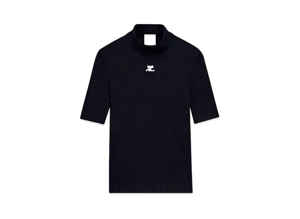 Courreges Reedition Short Sleeves Rib Knit Sweater "Navy"