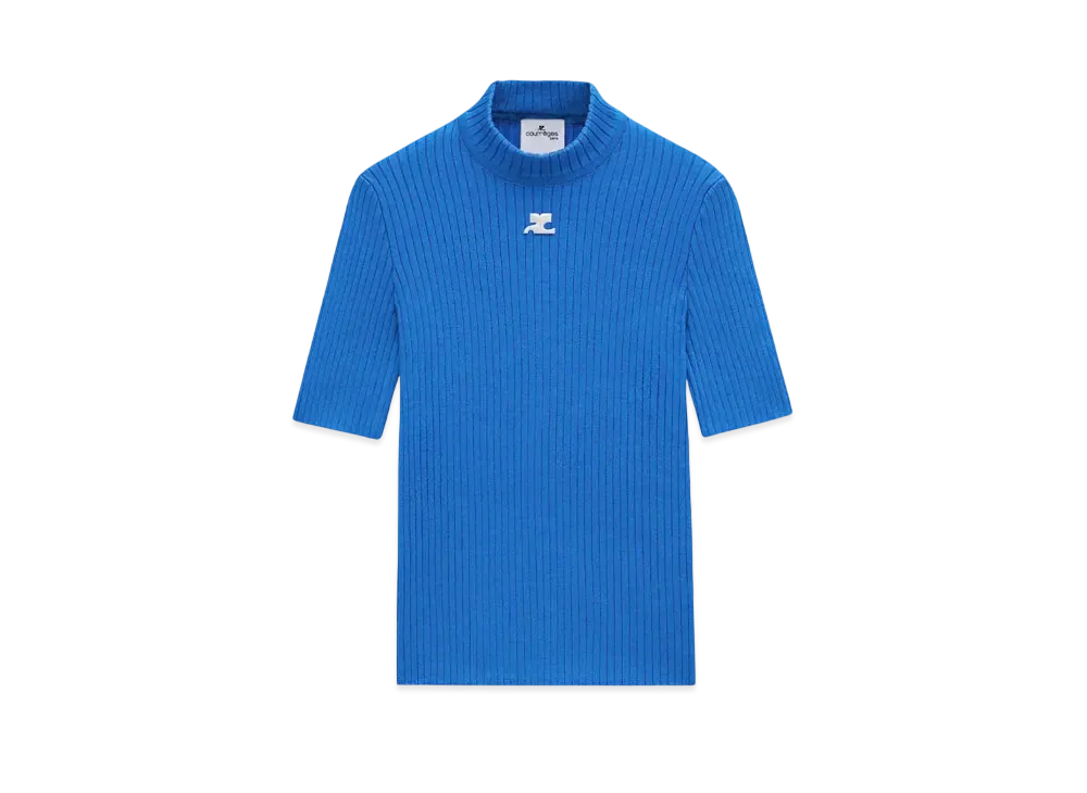 Courreges Reedition Short Sleeves Rib Knit Sweater "Blue"