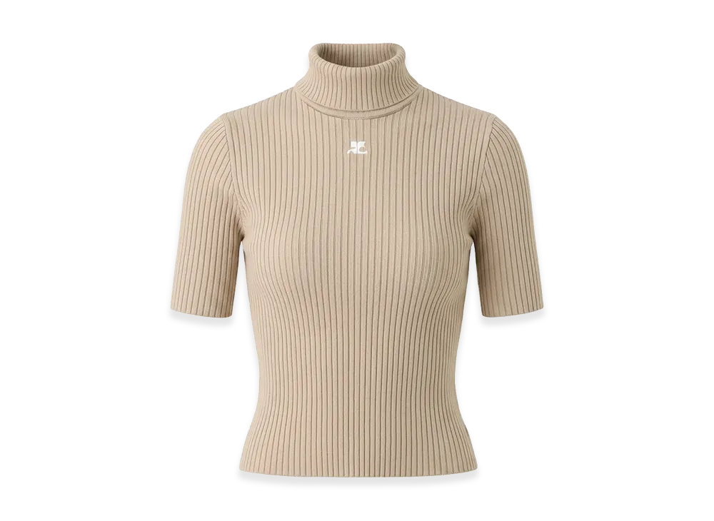 Courreges Women's Reedition Short Sleeve Ribbed Knit Sweater "Cappuccino"