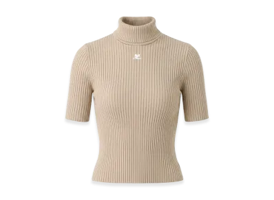 Courreges Women's Reedition Short Sleeve Ribbed Knit Sweater "Cappuccino"