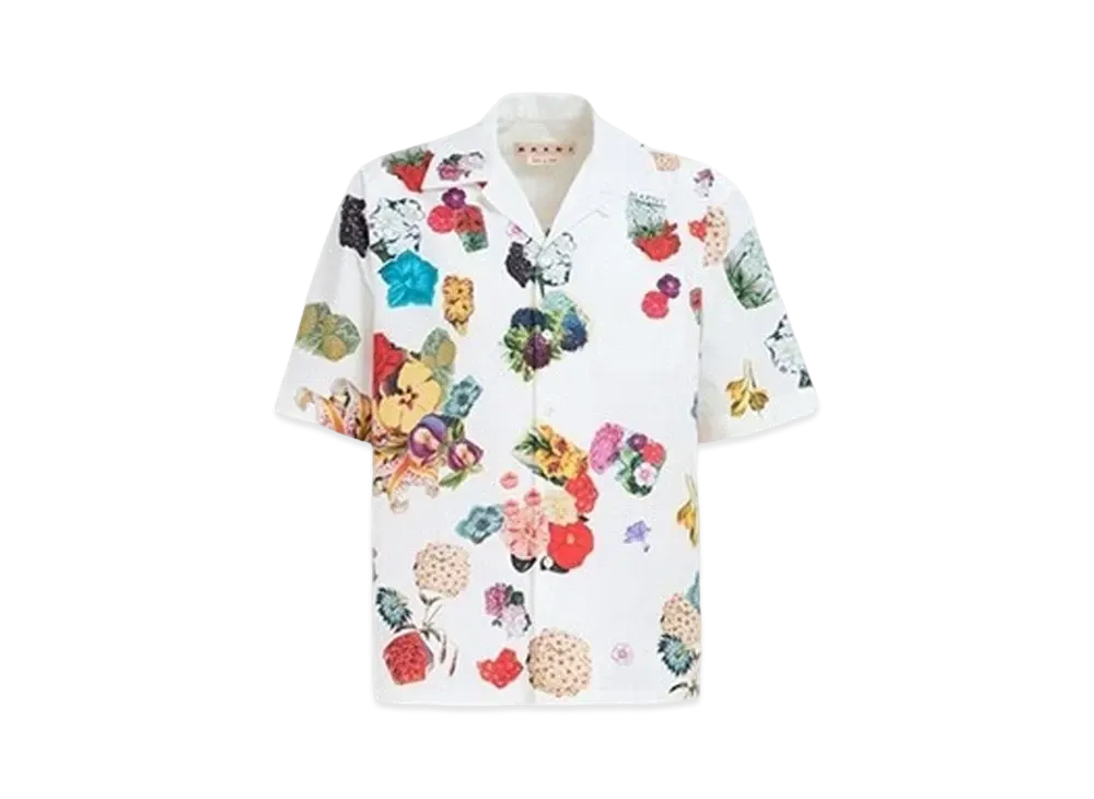Marni Poplin Bowling Shirt with Flower Prints "Lily White"