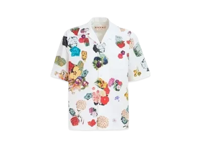 Marni Poplin Bowling Shirt with Flower Prints "Lily White"