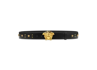 Versace Studded Medusa Leather Belt 1.6" "Black/Gold"
