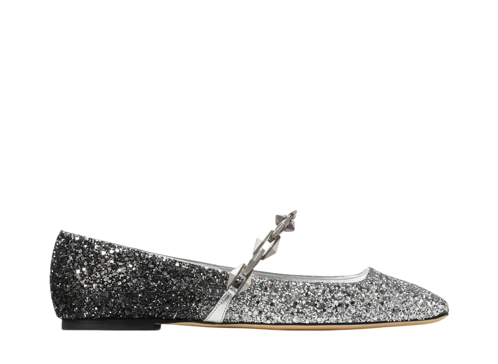 Jimmy Choo Women's Diamond Tilda Flat Coarse Glitter with Diamond Chain Flat Shoes "Silver/Black"