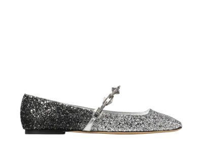 Jimmy Choo Women's Diamond Tilda Flat Coarse Glitter with Diamond Chain Flat Shoes "Silver/Black"