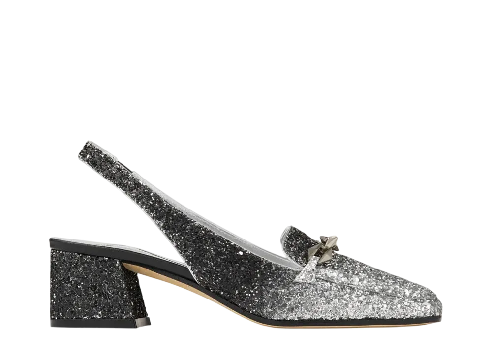 Jimmy Choo Women's Diamond Tilda Sling Back 45 Coarse Glitter Fabric Sling Back Pumps with Diamond Chain "Silver/Black"
