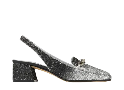 Jimmy Choo Women's Diamond Tilda Sling Back 45 Coarse Glitter Fabric Sling Back Pumps with Diamond Chain "Silver/Black"