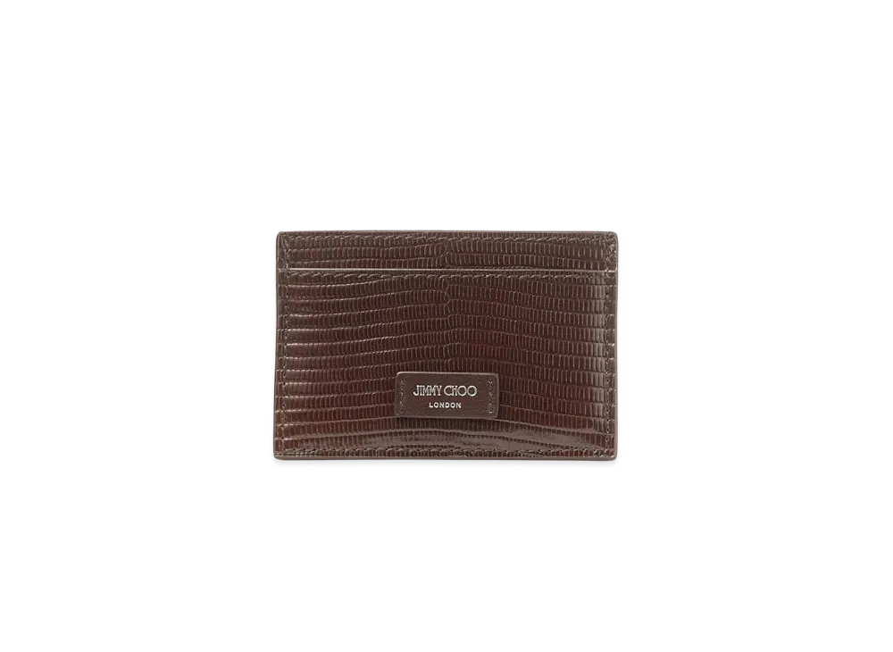 Jimmy Choo Dom Lizard Print Leather Card Holder "Coffee/Gunmetal"