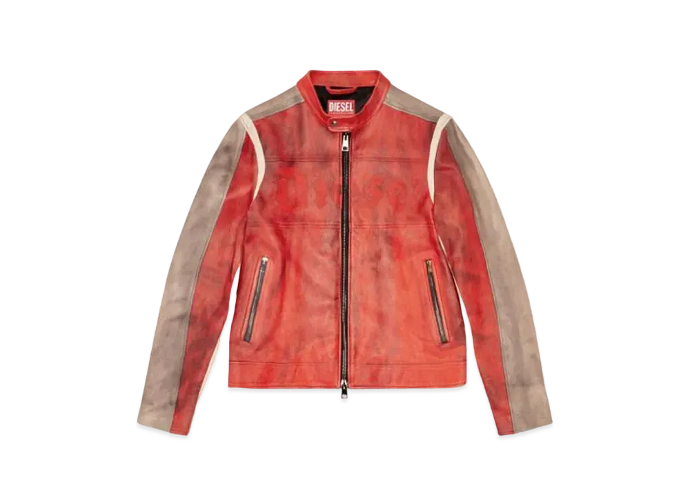 Diesel Dirty Effect Leather Biker Jacket "Red"