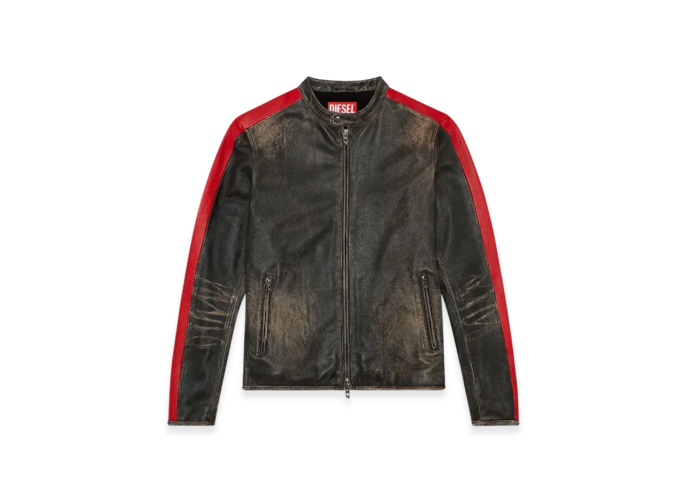 Diesel L-Renn Leather Jacket With Contrasting Stripes "Black Red"