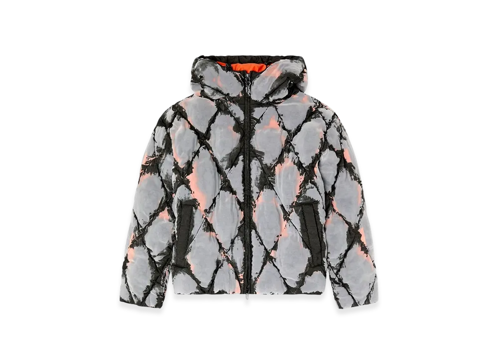 Diesel W-Dom Hooded Devore Argyle Puffer Jacket "Black Orange"