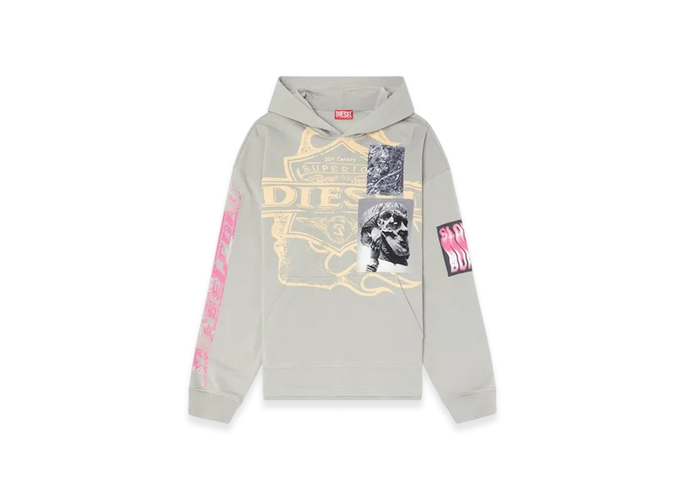 Diesel S-Baxt-Hood-R1 Hoodie With Prints And Logo Patches "Gray"