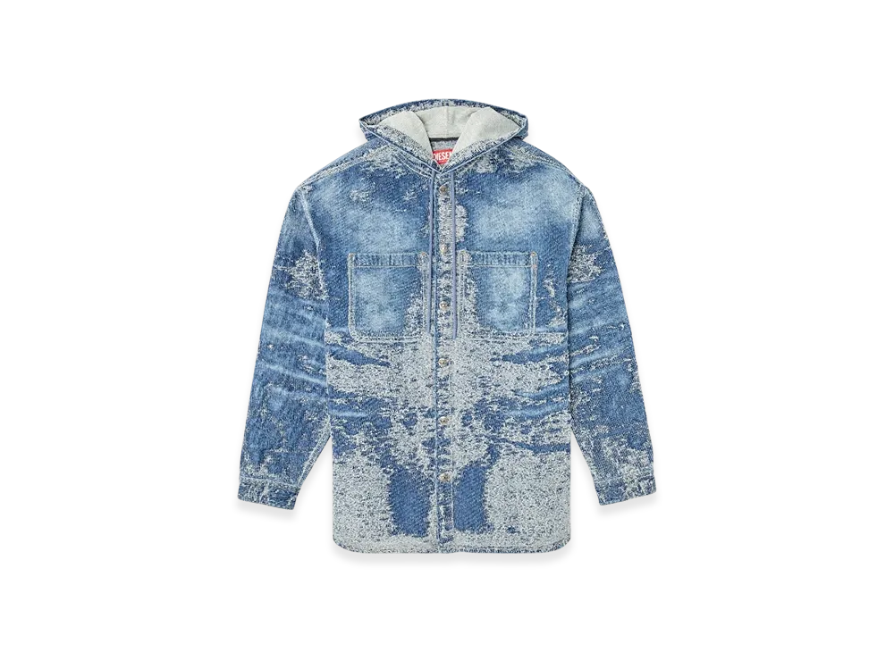 Diesel D-Dewnys-Hood-S Overshirt In Distressed Jacquard Denim "Medium Blue"