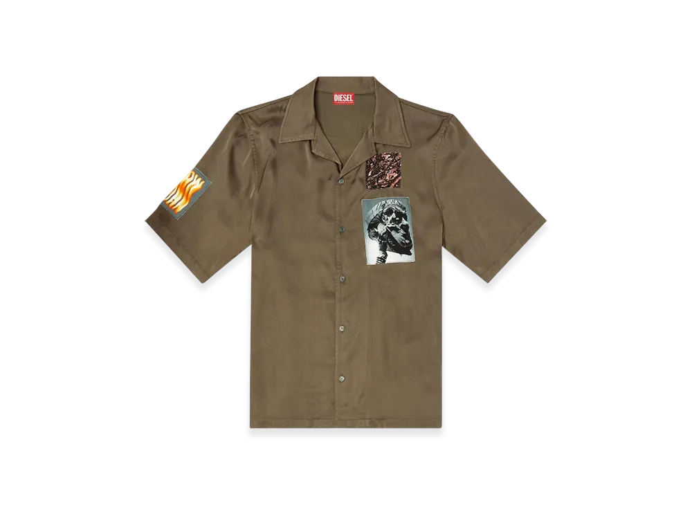 Diesel S-Daxhe Short-Sleeve Satin Shirt With Patches "Military Green"