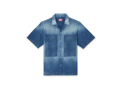 Diesel D-Nabil-D Bowling Shirt In Contrast-Effect Denim "Medium Blue"