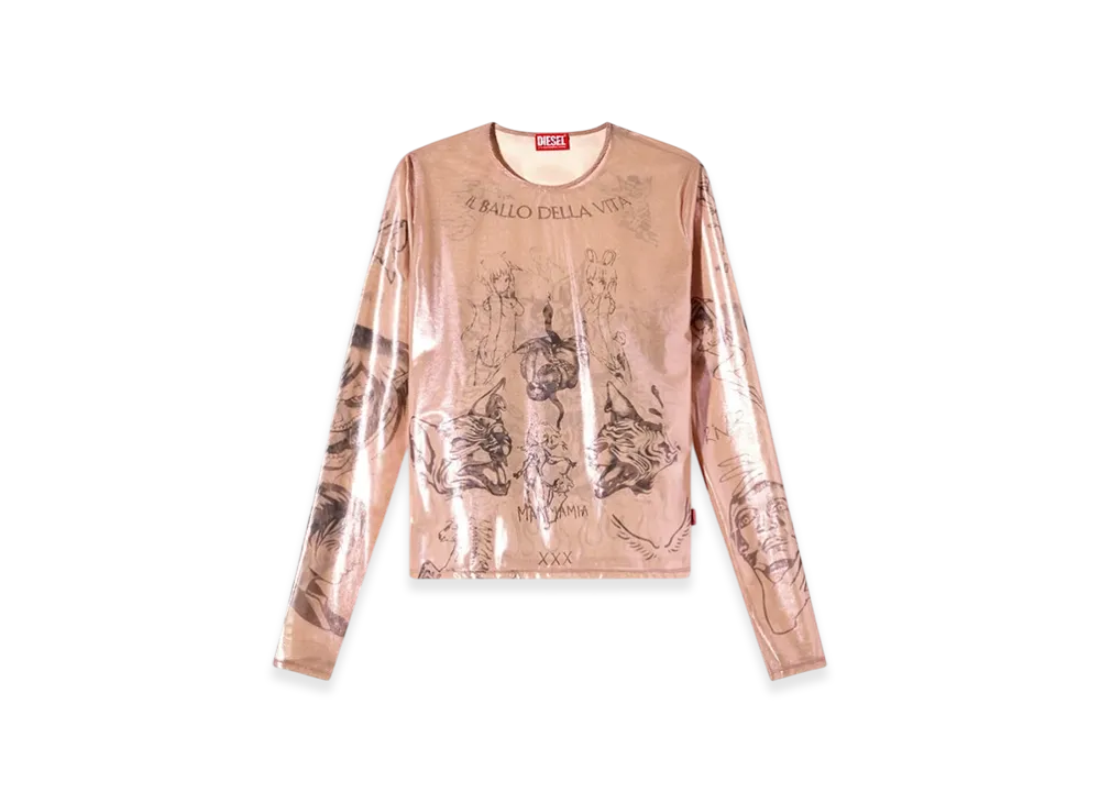 Diesel T-Claude-Dd Tattoo Top In Coated Stretch Tulle "Pink White"