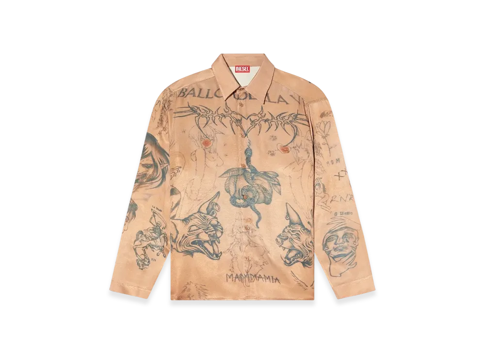 Diesel S-Simply-Tto-Dd Fluid Satin Shirt With Tattoo Print "Beige"
