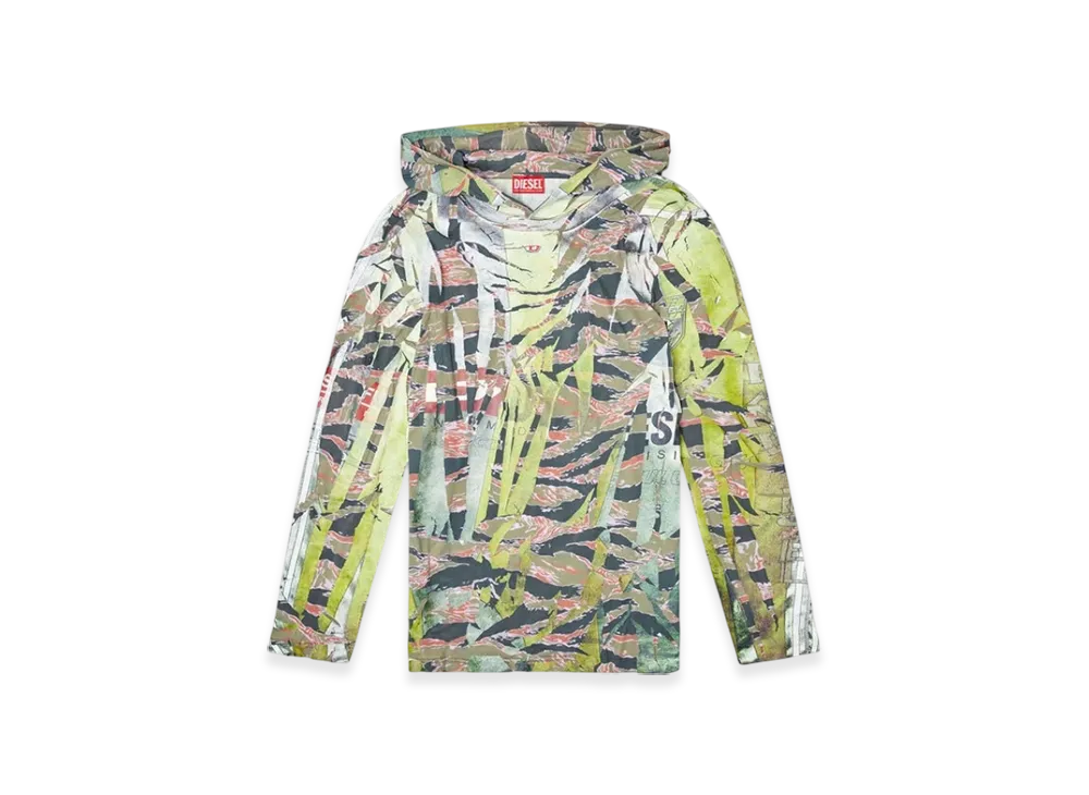 Diesel T-Gillis Camo Hooded Top With Cracked Over-Print "Brown Green"