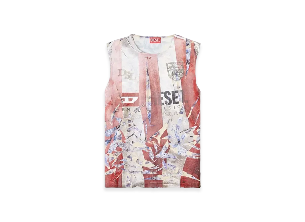 Diesel T-Per-Stripe Floral Tank Top With Cracked Logo Print "Red White"